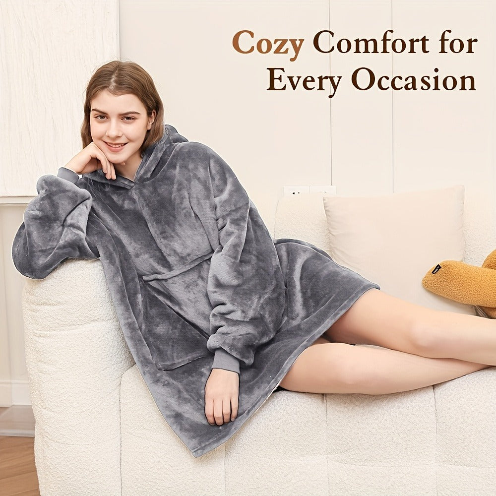 Reversible Hooded Wearable Blanket – Double-Sided Coral Fleece Suede Hoodie with Kangaroo Pocket, Machine Washable, 6 Colors