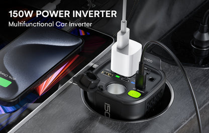 Black 150W Vertical Car Power Inverter with Two 110V AC Outlets, USB-A and USB-C Ports for Vehicles