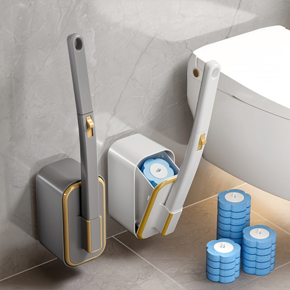 Wall-Mounted Toilet Brush Set with 8 Disposable Heads | No-Drill Easy Install, Long Handle Bathroom Cleaning Brush