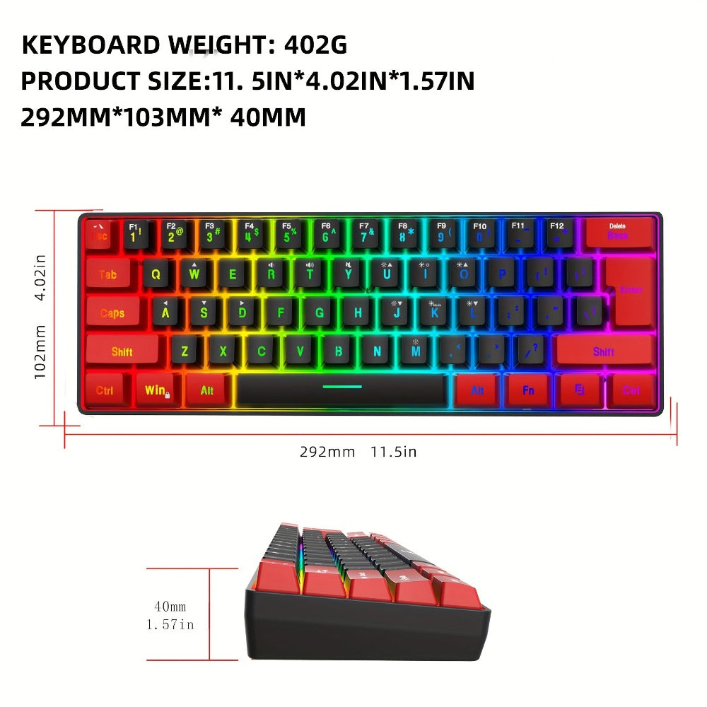 Red-and-Black 61-Key Compact Wired Keyboard with Detachable Cable and Multicolor-Lit Keycaps