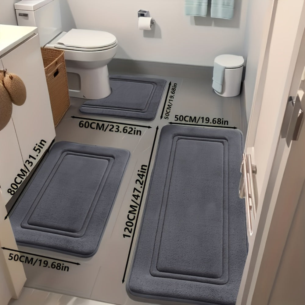Three-Piece Bathroom Mat Set with 50 × 120, 50 × 80 and 50 × 60 cm Rugs in Five Solid Colors