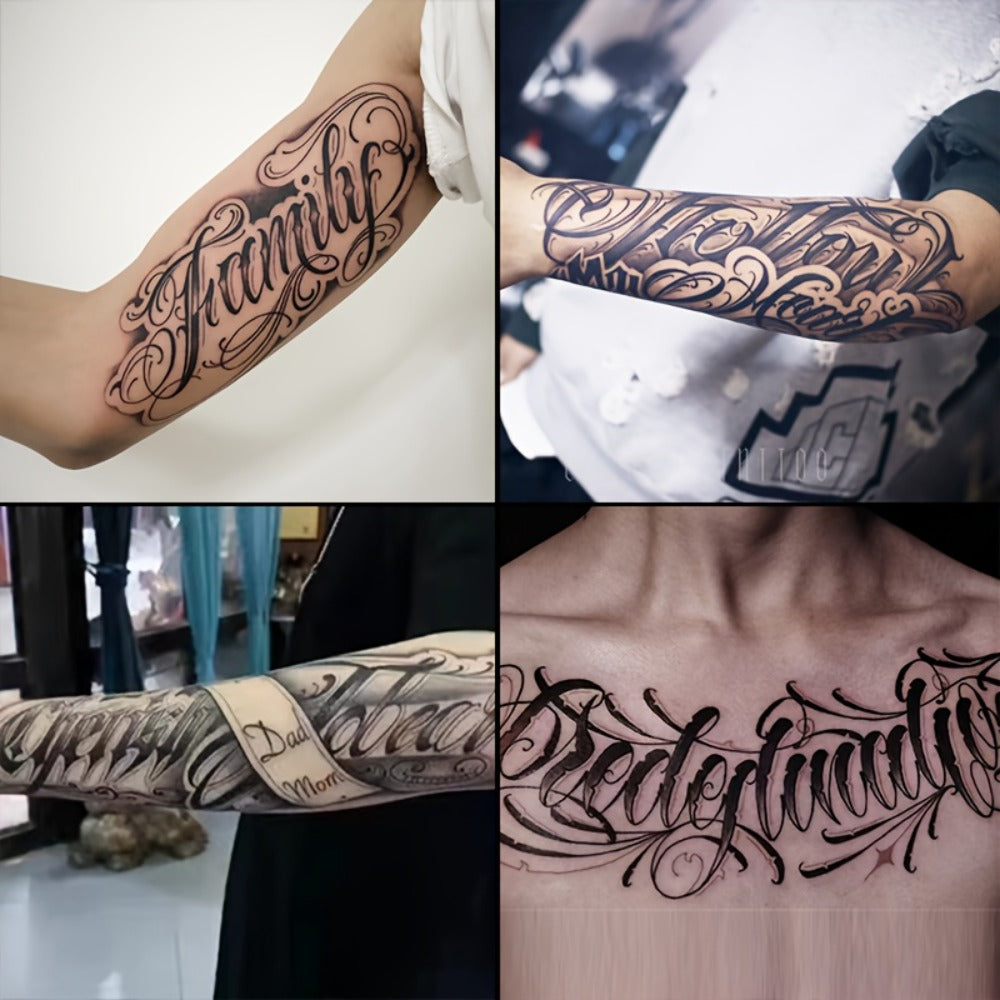 Temporary Tattoos, 4-Sheet English Word and Letter Set with Black Script Designs for Arm and Body Placement