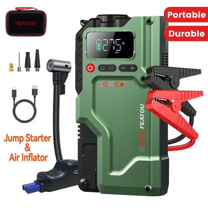 Green Jump Starter and Tire Inflator Enhanced Version with Digital Pressure Display and Clamp Leads