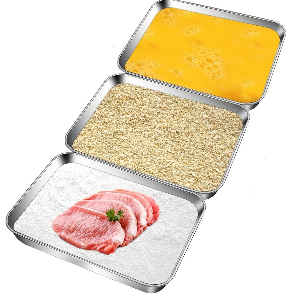 Breading Pan Set 3pcs, Stainless Steel Crumb Tray for Chicken Breading, Fish Coating and Meat Marinating, Oven Safe Food Prep Tray