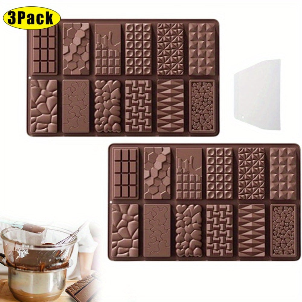 Silicone Chocolate Molds 3 Pack, 12 Cavity Food Grade BPA-Free Non-Stick Chocolate Bar Mold with Scraper, Easy Pop Out Candy Mold