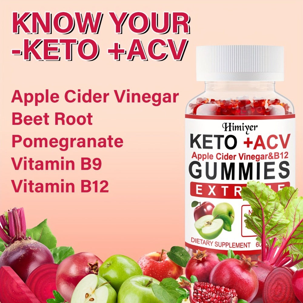 Apple Cider Vinegar Gummies with B12, Pomegranate & Beet Juice Powder, Keto ACV Supplement for Metabolism