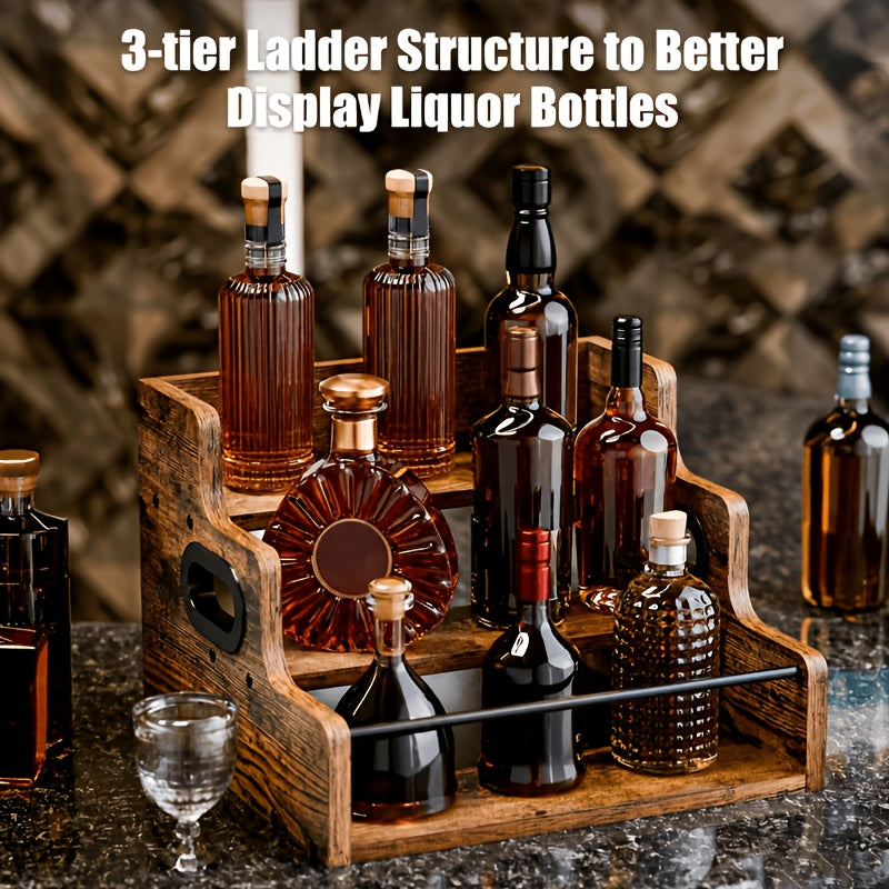 Wood Wine Rack 3 Tier Countertop Liquor Bottle Display Shelf | Solid Wood Bar Organizer for Whiskey Spirits Coffee Syrup Spices | Retro Mini