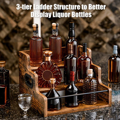 Wood Wine Rack 3 Tier Countertop Liquor Bottle Display Shelf | Solid Wood Bar Organizer for Whiskey Spirits Coffee Syrup Spices | Retro Mini