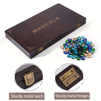 4-Player Mancala Game Set – Premium Solid Wood Folding Board with 108 Multi-Color Glass Stone Beads & Instructions