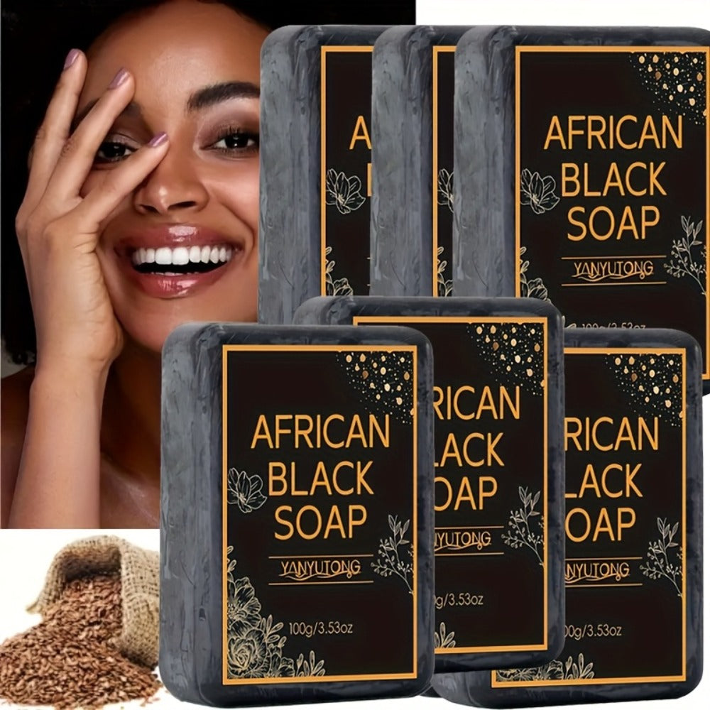 African Black Bar Soap in Three- or Six-Bar Packs with 100g Labels and Coconut, Olive and Shea Ingredients