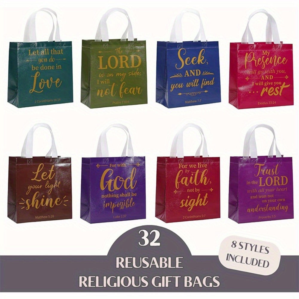 Gift Bag Set Bible Verse Print, 32 or 64 Non-Woven Bags in Eight Colors with White Handles and 9.06 x 8.66 x 4.33 Inch Size