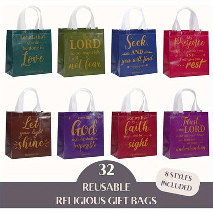 Gift Bag Set Bible Verse Print, 32 or 64 Non-Woven Bags in Eight Colors with White Handles and 9.06 x 8.66 x 4.33 Inch Size