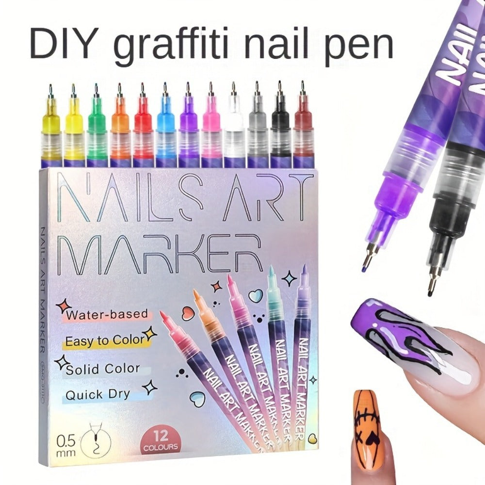 Nail Art Pens Set 12 Colors Quick Dry 3D Doodle Dot Stitching Nail Art Pen Kit – DIY Nail Design Tools