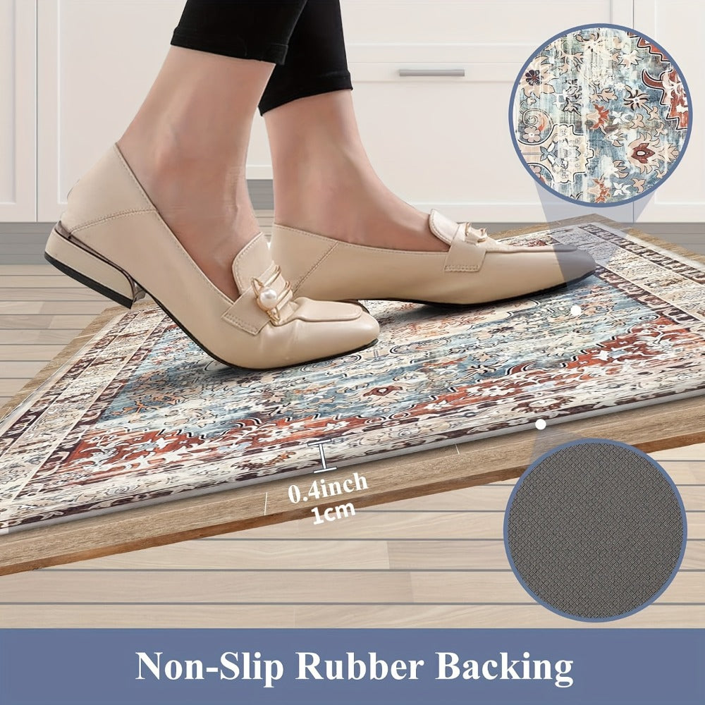 Kitchen Mat Set, 2-Piece Boho Distressed Cushioned Rugs in Five Color Patterns with 17.3x28 and 17.3x48-Inch Sizes