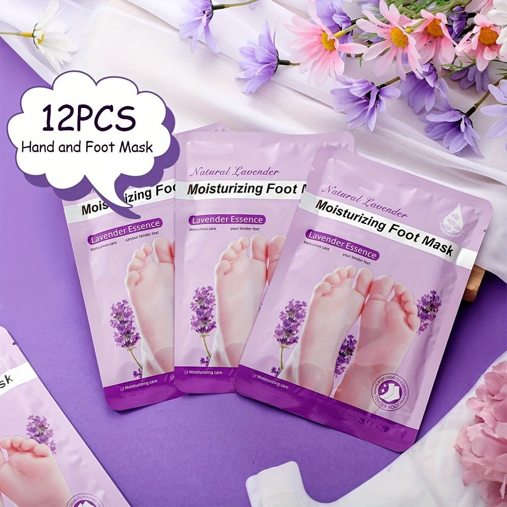 Hand and Foot Mask Set 12pcs Lavender Moisturizing – Deep Hydrating Gloves & Socks for Dry Cracked Skin, Non-Greasy Moisture Essence