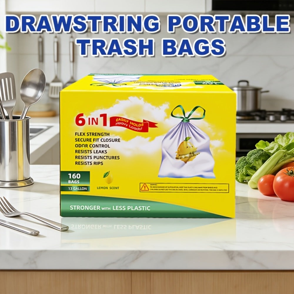 13 Gallon Trash Bags Tear-Resistant Drawstring Garbage Bags with Fresh Lemon Scent Thickened for Home Cooking, Dining and Outdoor Meals