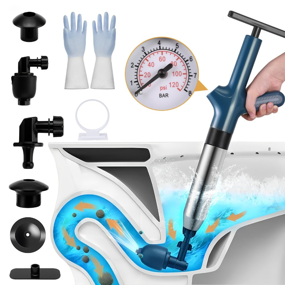 High-Pressure Air Drain Blaster with Real-Time Pressure Indicator – Stainless Steel Toilet Plunger & Sink Drain Unclogger