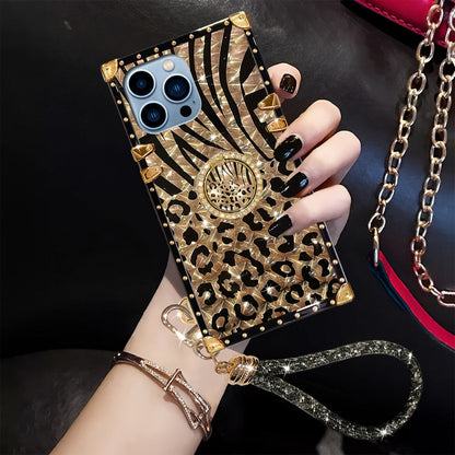Phone Case Leopard Print Rectangular Cover with Ring Grip Kickstand for Select iPhone 12–16 Models