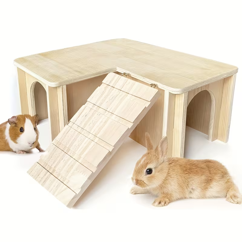 Guinea Pig Hideout House – Wooden Castle with Multiple Chambers & Ladder, Small Animal Habitat Accessory for Hamster, Chinchilla
