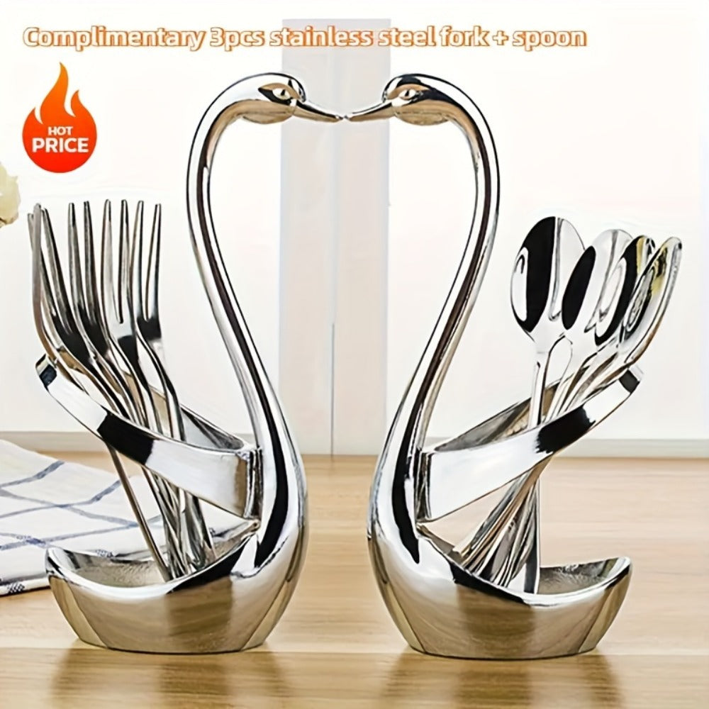 Swan Cutlery Rack Set 7pcs Stainless Steel Decorative Silverware Holder with 3 Forks for Entryways, Bedrooms and Living Spaces