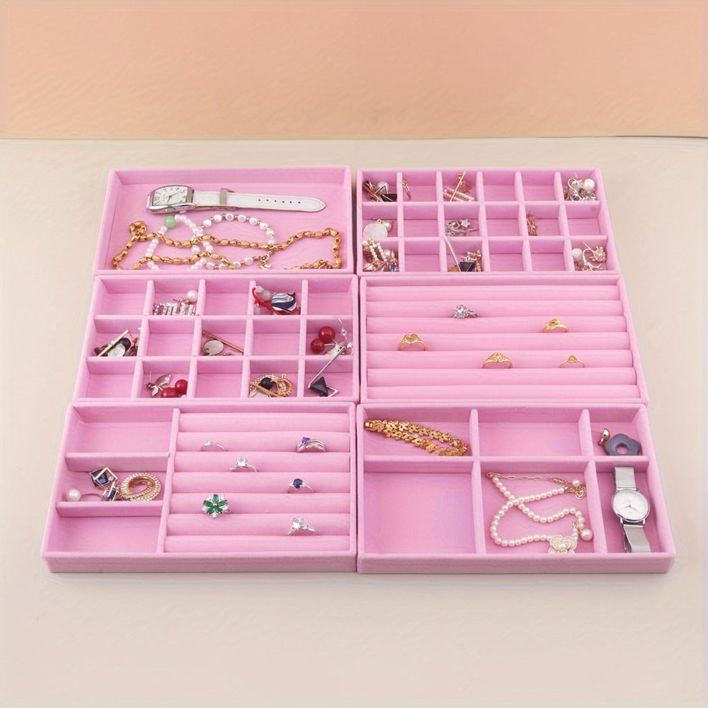 Stackable Jewelry Organizer Trays 6-Piece Set – Rectangular Multi-Compartment Drawer Inserts with Removable Dividers for Earrings, Rings