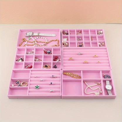 Stackable Jewelry Organizer Trays 6-Piece Set – Rectangular Multi-Compartment Drawer Inserts with Removable Dividers for Earrings, Rings