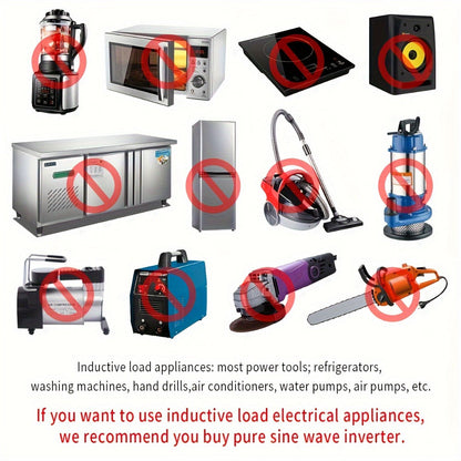 Red 2000W-Labeled Car Power Inverter with 12V Battery Clamp Leads, 110V AC Outlets and Cooling Fan