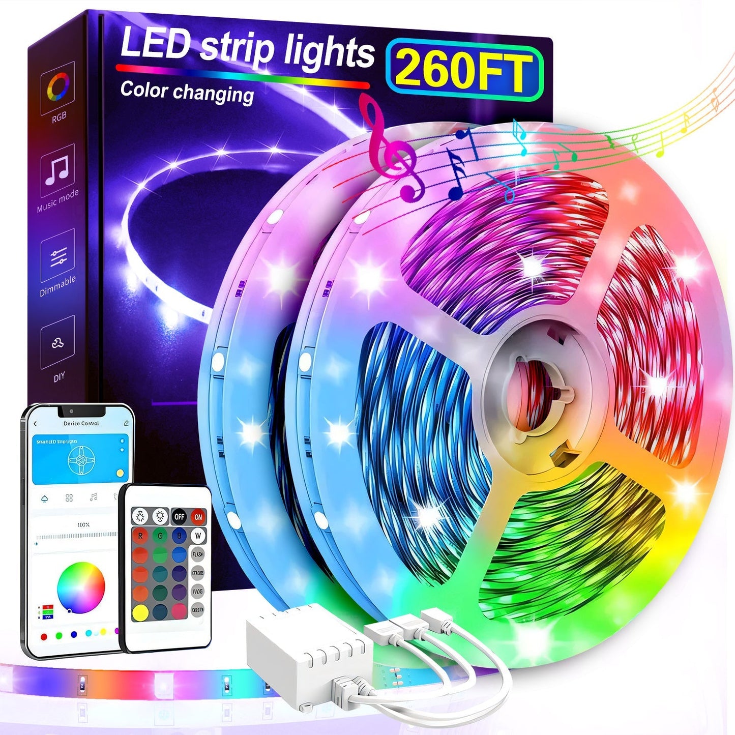 Color Changing LED Strip Lights RGB Music Sync App Remote Control 16 Million Colors Dimmable Timer DIY Smart Light Strip for Bedroom Living