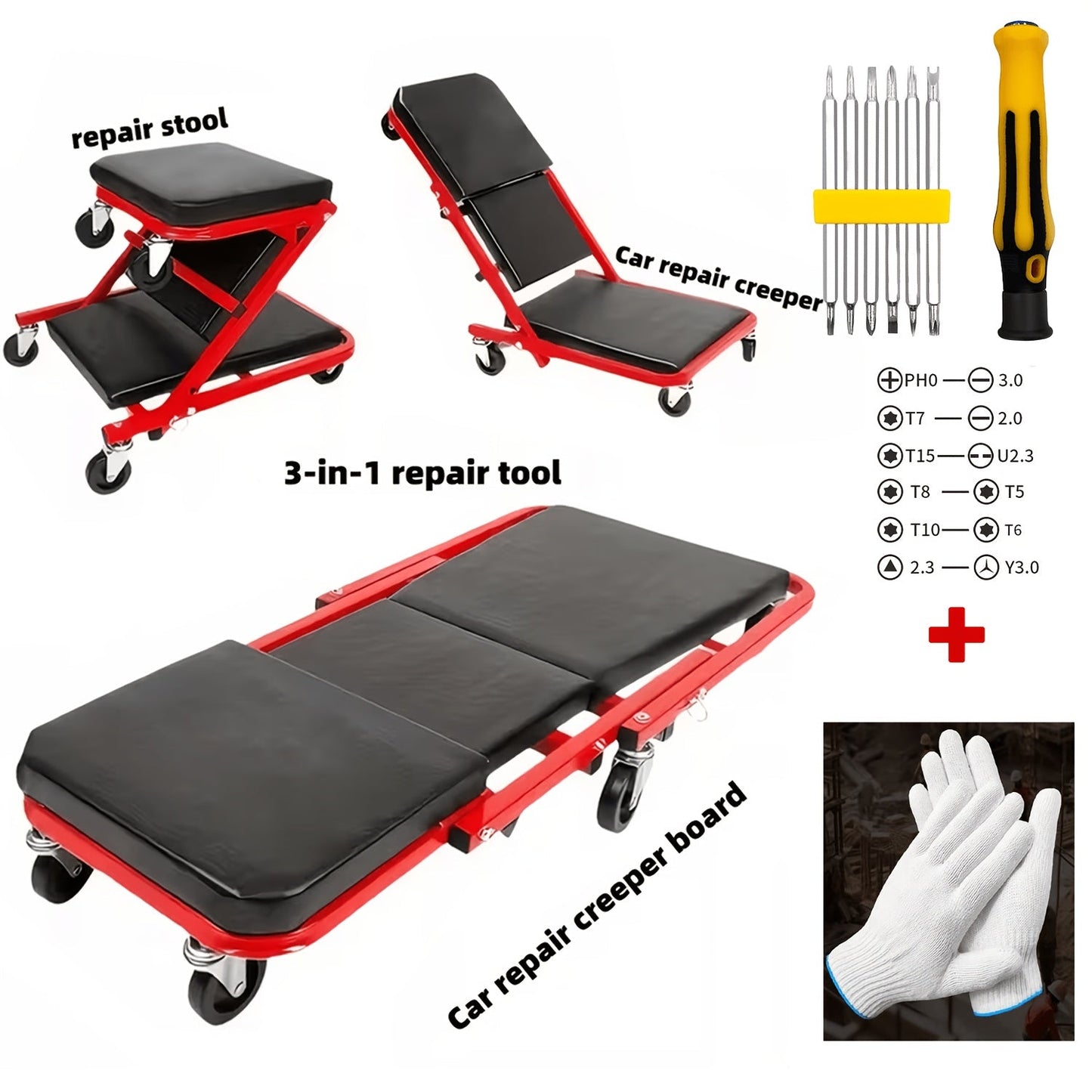Mechanic Creeper 36-Inch Z-Crawl Folding – Adjustable Load Board, 6-Wheel 2.5" Rolling Garage Repair Seat