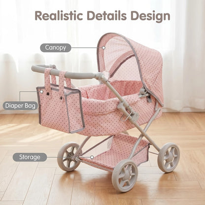 3-in-1 Baby Doll Stroller Set Pink Foldable Pram with Bassinet & Carry Bag with the Listed Color, Size or Set Options for Everyday Use