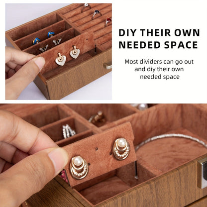 Jewelry Organizer 6-Tier Brown Storage Box with 5 Drawers, Built-In Mirror and Key-Lock Closure