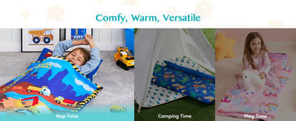 Kids Nap Mat with Removable Pillow & Minky Blanket - Roll-Up Sleeping Bag for Boys Girls, Blue Dinosaur Design