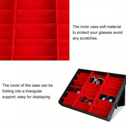 Eyeglass Organizer Box 18 Grid – Velvet Sunglasses Display Case with Foldable Cover, Scratch-Proof Storage for Glasses & Jewelry