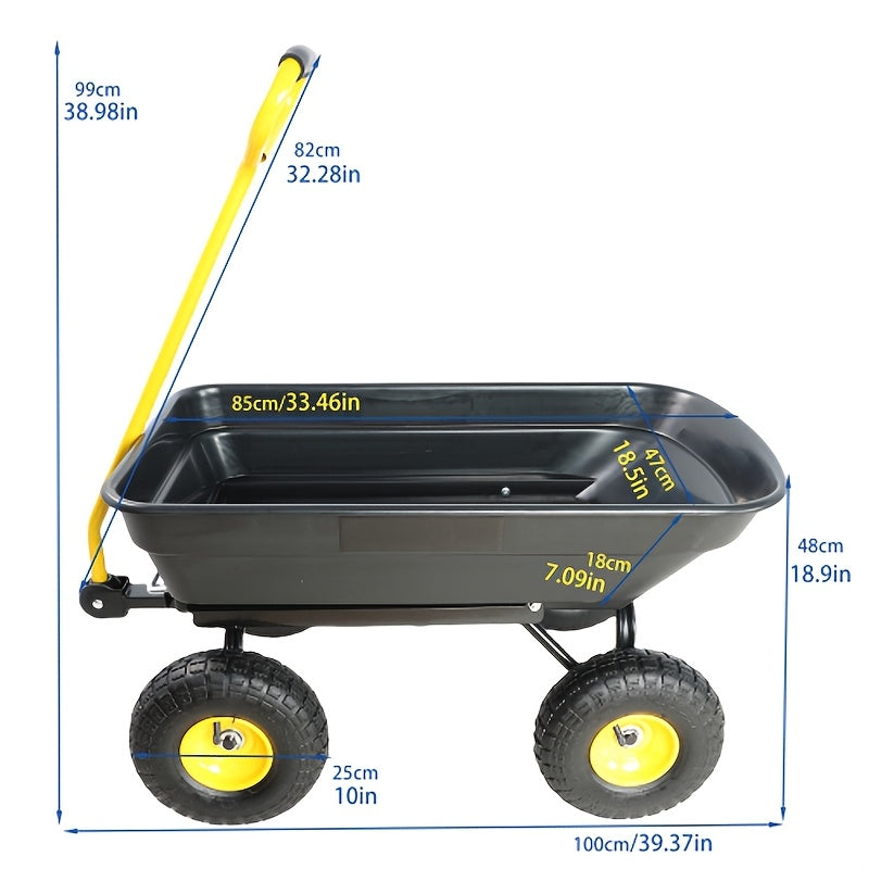 Garden Dump Cart 4-Wheel Steel Frame Poly Bed Quick-Release Dump Feature Foldable D-Handle Yard Wagon for Landscaping Lawn