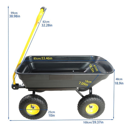 Garden Dump Cart 4-Wheel Steel Frame Poly Bed Quick-Release Dump Feature Foldable D-Handle Yard Wagon for Landscaping Lawn