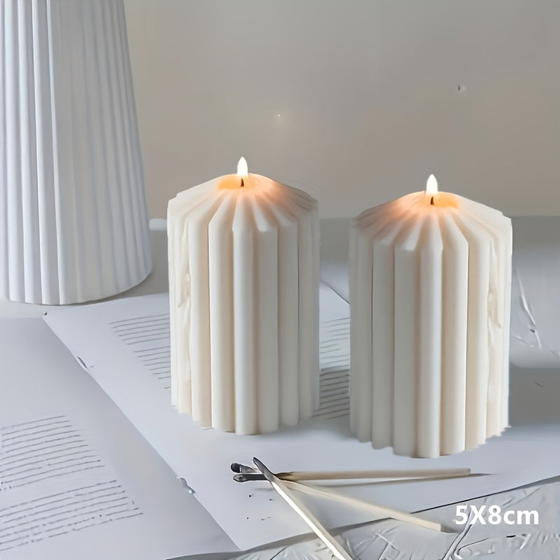 White Ribbed Soy Wax Pillar Candle Pair with Two Matched Sizes or One-of-Each Mixed-Size Option