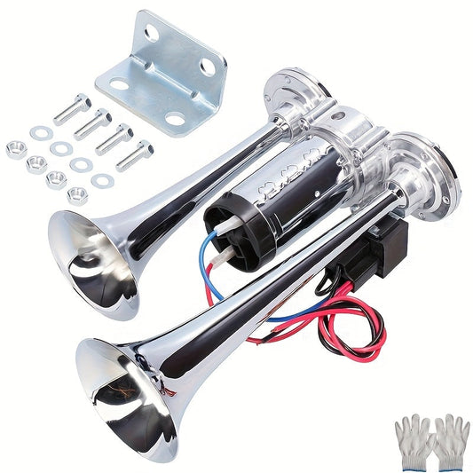 Dual Air Horn Kit 12V/24V 105-137dB with Air Compressor – Super Loud Aluminum Alloy Trumpet Horn for Truck, Train, SUV, Motorcycle