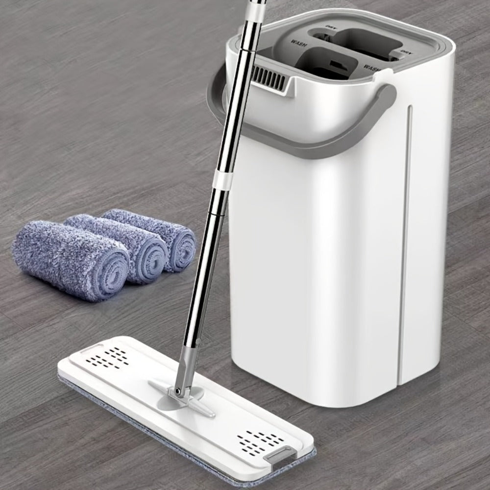 Flat Mop with Bucket Set, Hands-Free Wringing Floor Mop, 6 Replacement Microfiber Cloths, Wet & Dry Dual-Use, Durable Plastic Frame