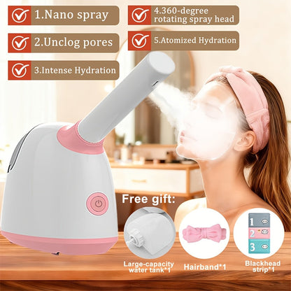 Facial Steamer Nano Ion Mist – Deep Pore Cleansing Home Spa Face Steamer with 360° Rotatable Arm, Blackhead Remover
