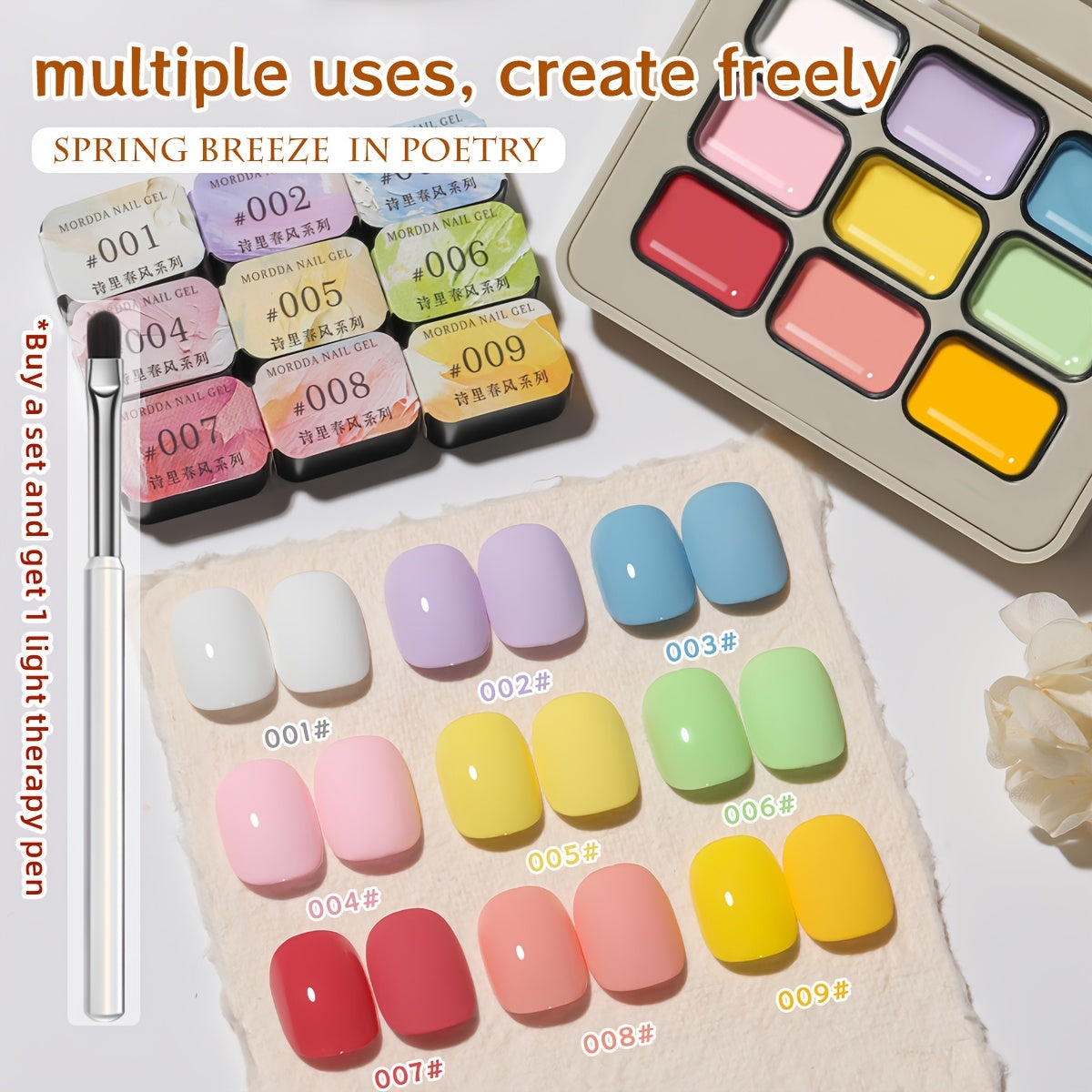 Gel Nail Polish MORDDA 9-Color Spring Breeze Set with Included LED Curing Pen for Home Nail Art