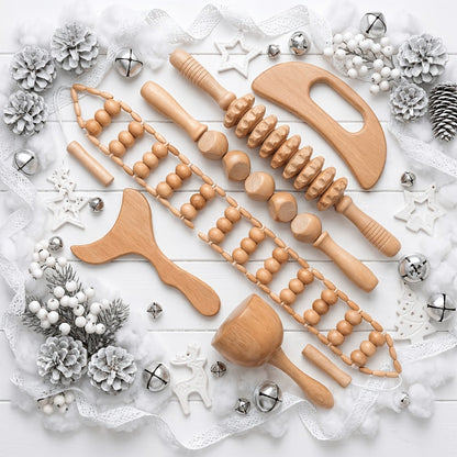 Wooden Massage Tool Set 6pcs Manual Facial Massager Kit with Wood Rollers Pointed Bead Textured Heads for Face Neck Full Body Relaxation