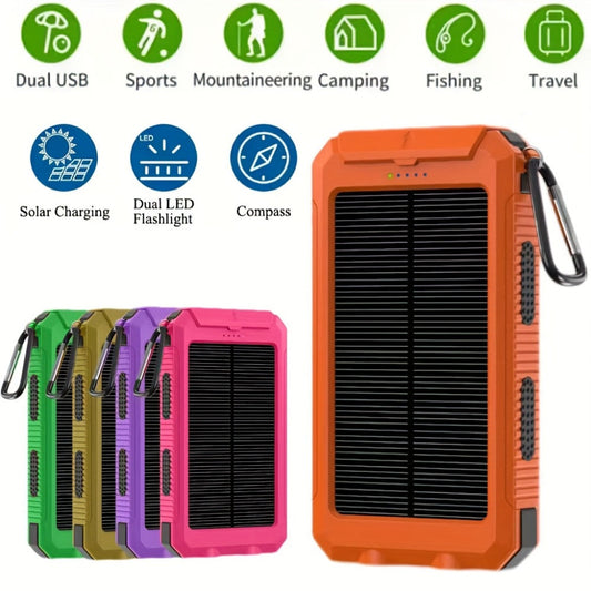 Solar Power Bank in a 10000mAh USB Charger Design with a Solar Panel and Backpack Hook