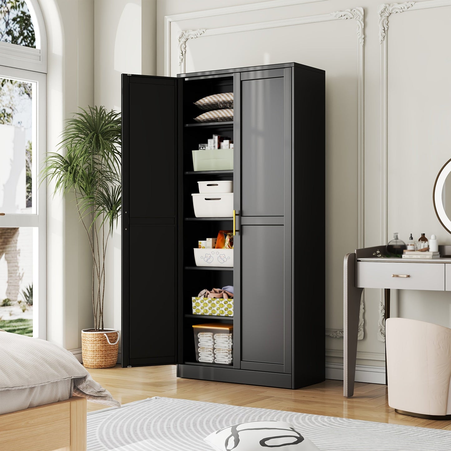 Storage Cabinets and Pantry Cabinets shown in the BLACK option
