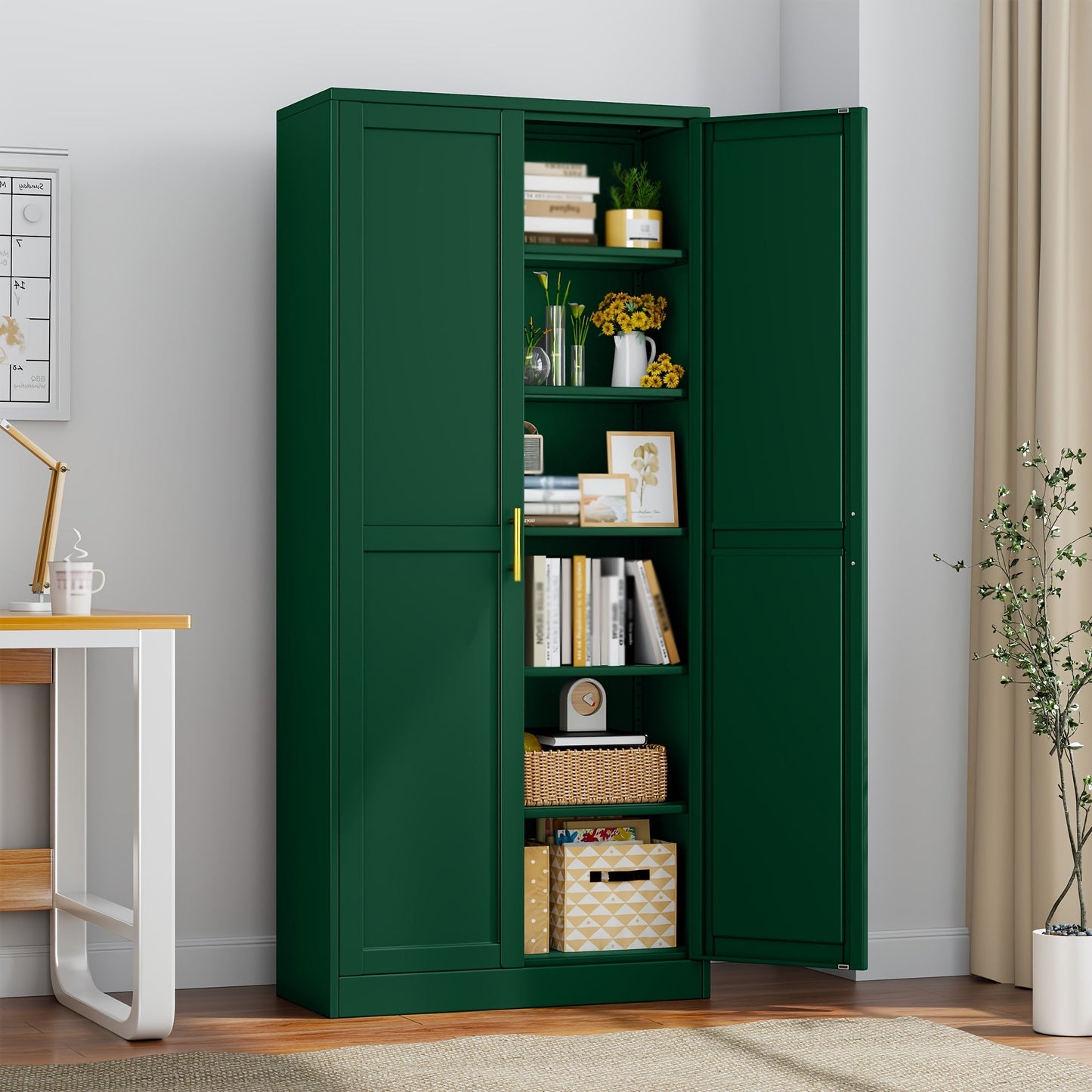 Storage Cabinets and Pantry Cabinets shown in the GREEN option