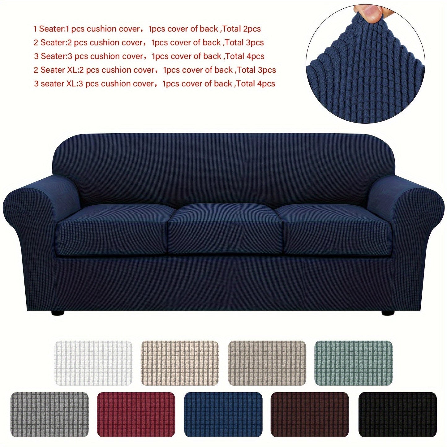 Sofa Cover Grid Jacquard Elastic Full-Cover Slipcover with Elastic Fit for 1 to 3 Seats and XL Sofas