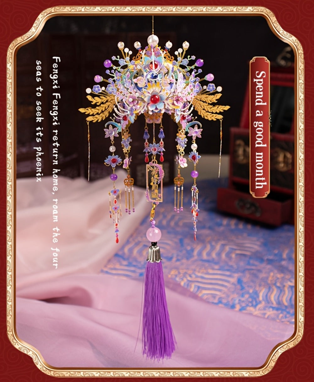 3D Metal Puzzle Phoenix Crown Qingluan – Blue & Gold DIY Assembly with Beads & Tassels, Chinese Mythology Art Collectible