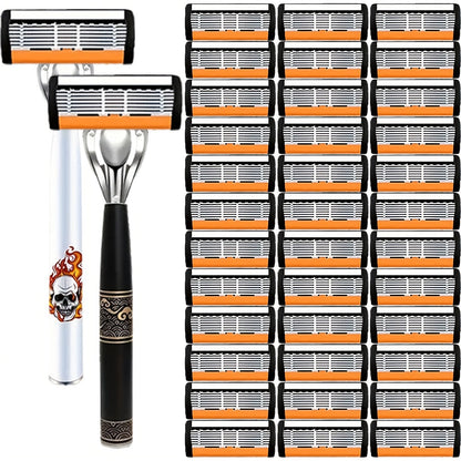 Beard Razor for Men 6-Layer Stainless Steel Blades Premium Metal Handle 36 Replaceable Blades – Mustache Grooming Shaver Ultra-Close