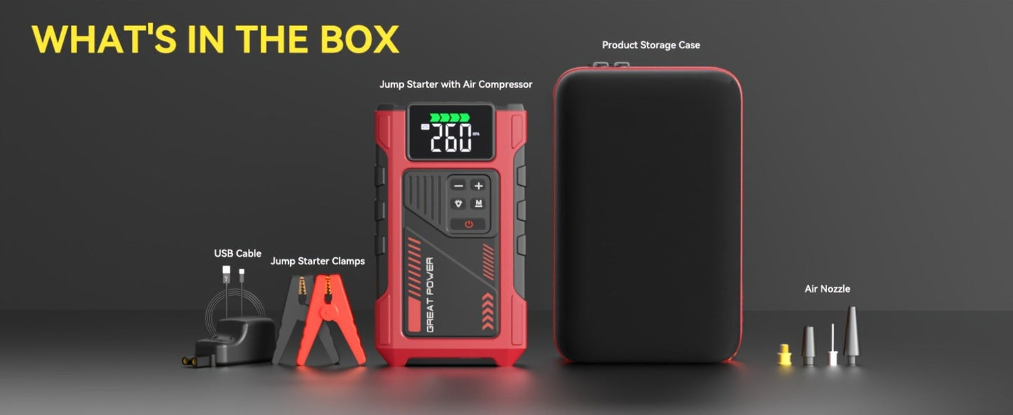 12V Jump Starter with 4000A Marking, 150 PSI-Labeled Air Compressor, Digital Pressure Display and Two Black Color Options