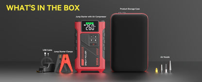 12V Jump Starter with 4000A Marking, 150 PSI-Labeled Air Compressor, Digital Pressure Display and Two Black Color Options