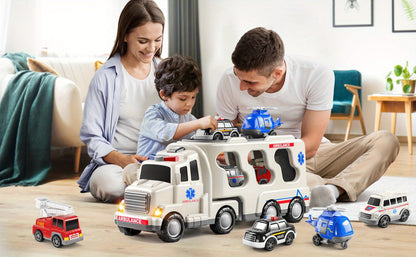 Ambulance Truck Toy 5-in-1 Carrier Set with Lights & Sounds, Friction Power Emergency Vehicle Playset for Kids Boys Ages 3+
